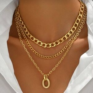 Gold Tone 1pc Layered Chain Necklace Oval Pendant Statement Necklace